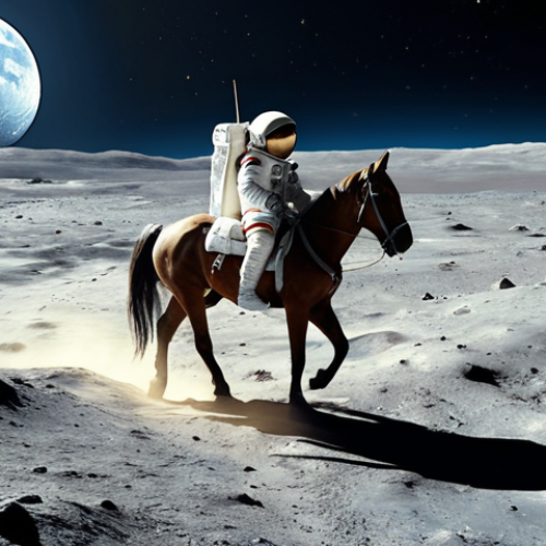 A whimsical scene depicting an astronaut, clad in a vintage space suit, riding a magnificent, ethereal horse across the desolate, cratered surface of the moon. The Earth shimmers in the distance, a blue and white marble against the inky blackness of space. The artistic style should be distinctly **Impressionistic**, with visible, textured brushstrokes, soft, shimmering colors, and a strong emphasis on the interplay of light and shadow, giving a dreamlike and slightly blurred quality to the vast lunar landscape. **Ultra-detailed, atmospheric, soft golden light, high resolution, celestial, sublime.**