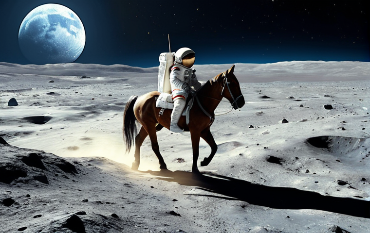 A whimsical scene depicting an astronaut, clad in a vintage space suit, riding a magnificent, ethereal horse across the desolate, cratered surface of the moon. The Earth shimmers in the distance, a blue and white marble against the inky blackness of space. The artistic style should be distinctly **Impressionistic**, with visible, textured brushstrokes, soft, shimmering colors, and a strong emphasis on the interplay of light and shadow, giving a dreamlike and slightly blurred quality to the vast lunar landscape. **Ultra-detailed, atmospheric, soft golden light, high resolution, celestial, sublime.**