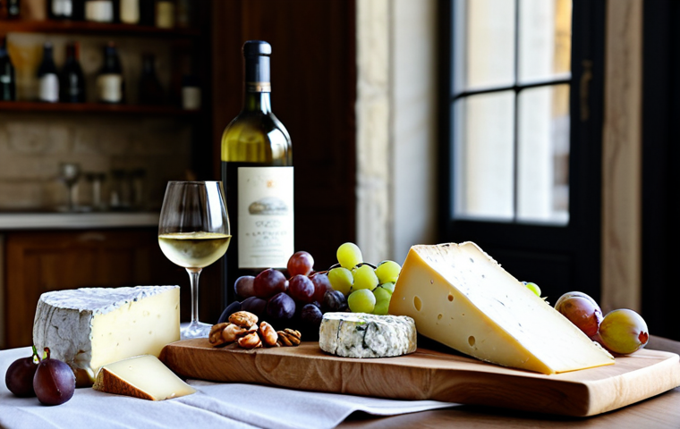 A French Fromage Table**

"A beautifully arranged French cheese board. Various cheeses like Camembert, Comté, Roquefort, and goat cheese are displayed with grapes, figs, walnuts, and a crusty baguette. A bottle of French wine (like Sancerre or Bordeaux) is visible in the background. Warm, inviting light. Professional food photography, high resolution, sharp focus, delicious. Safe for work, appropriate content, fully clothed, family-friendly."

**
