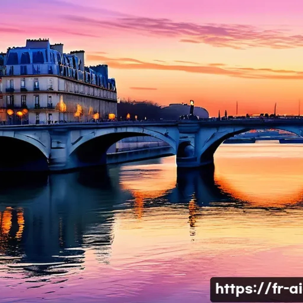 AI 예술과 신경망 스타일 트랜스퍼 - A digital art piece in impressionist style depicting a serene Parisian landscape at sunset, with sof...