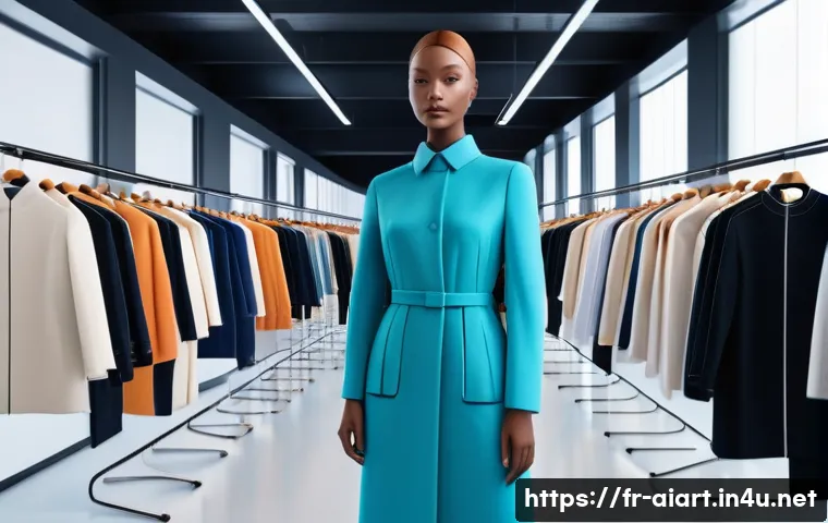 AI 패션 디자인 - A futuristic fashion design studio featuring diverse designers collaborating with advanced AI-powere...