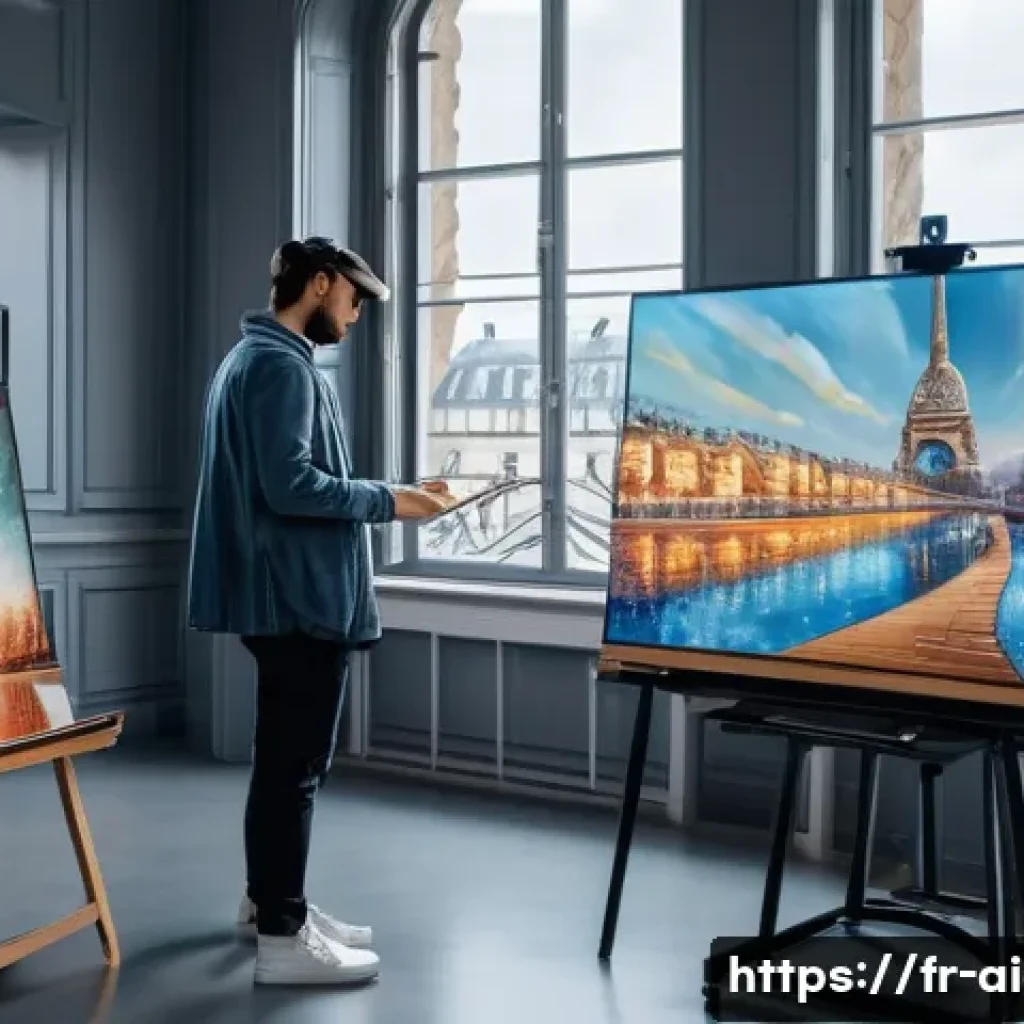 AI 예술과 데이터 비주얼라이제이션 - A futuristic art studio scene where a French artist collaborates with an AI-powered holographic assi...