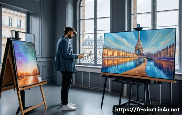 AI 예술과 데이터 비주얼라이제이션 - A futuristic art studio scene where a French artist collaborates with an AI-powered holographic assi...