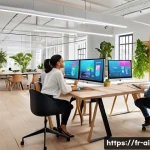 AI 기반 디자인 - A modern creative workspace showing a diverse team of designers collaborating remotely via large tra...