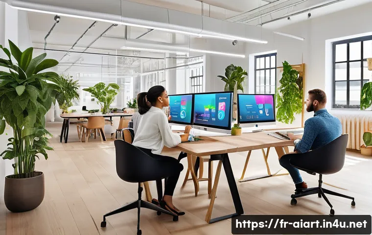 AI 기반 디자인 - A modern creative workspace showing a diverse team of designers collaborating remotely via large tra...