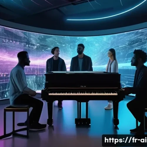 AI 작곡 기술 - A futuristic music studio with a diverse group of musicians collaborating with advanced AI technolog...