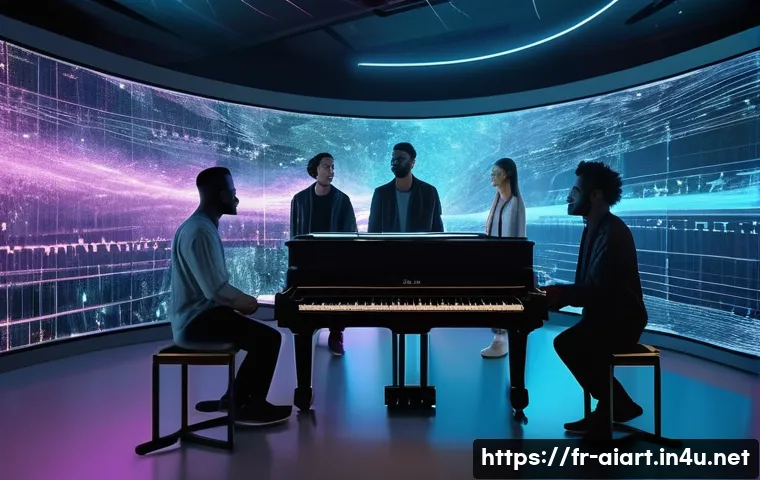 AI 작곡 기술 - A futuristic music studio with a diverse group of musicians collaborating with advanced AI technolog...