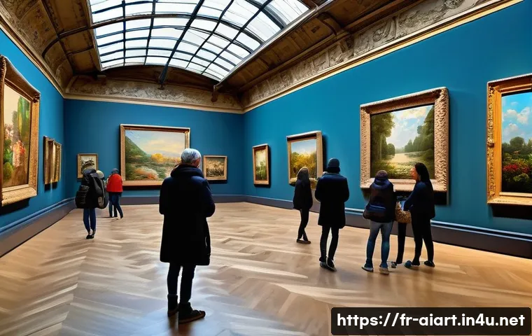 AI 예술과 명화 변환 - A digital art gallery scene in Paris showcasing classical paintings transformed by AI: vivid street ...