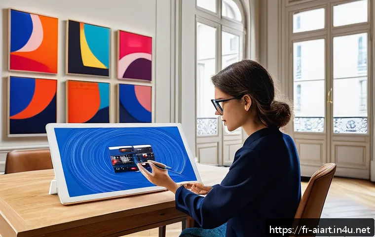 AI 예술가 vs 인간 예술가 - A contemporary digital artist’s studio in Paris, filled with advanced technology including multiple ...
