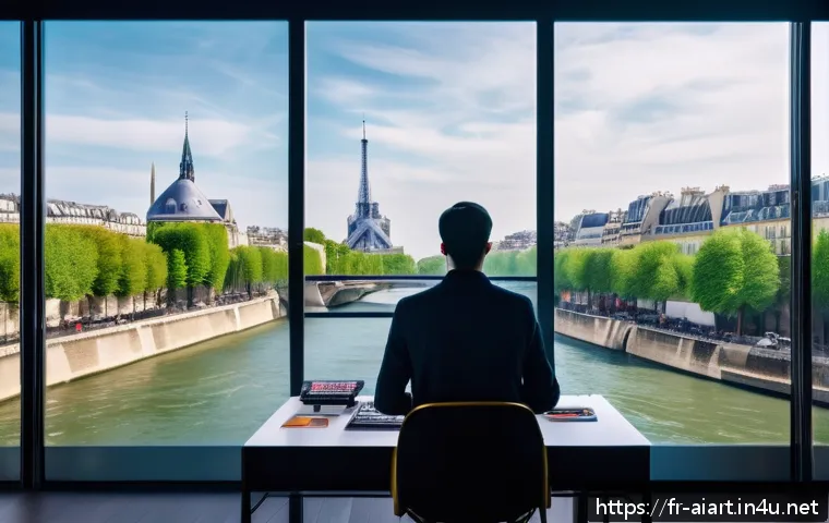 딥러닝 아트 - A futuristic art studio scene in Paris, featuring a diverse group of artists collaborating with adva...