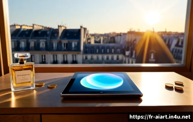 AI 예술과 광고 디자인 - Photorealistic Parisian advertising design studio at golden hour, a French creative director using a...