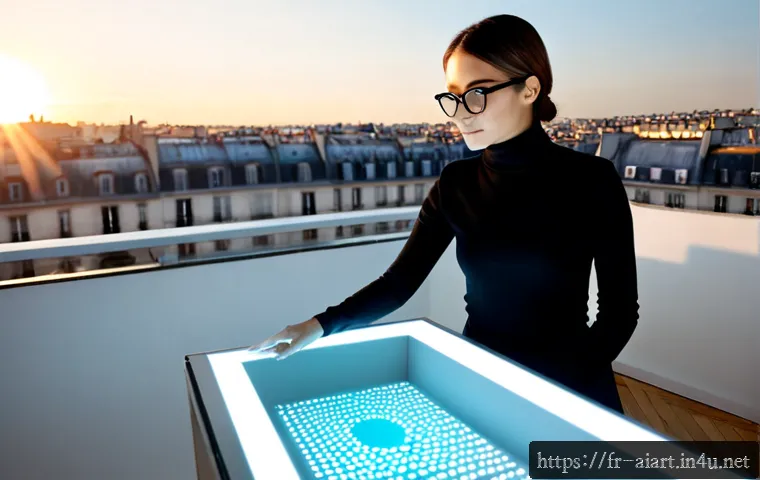 AI 예술과 이머징 테크놀로지 - Photorealistic contemporary Paris art studio, a French digital artist wearing a simple black turtlen...