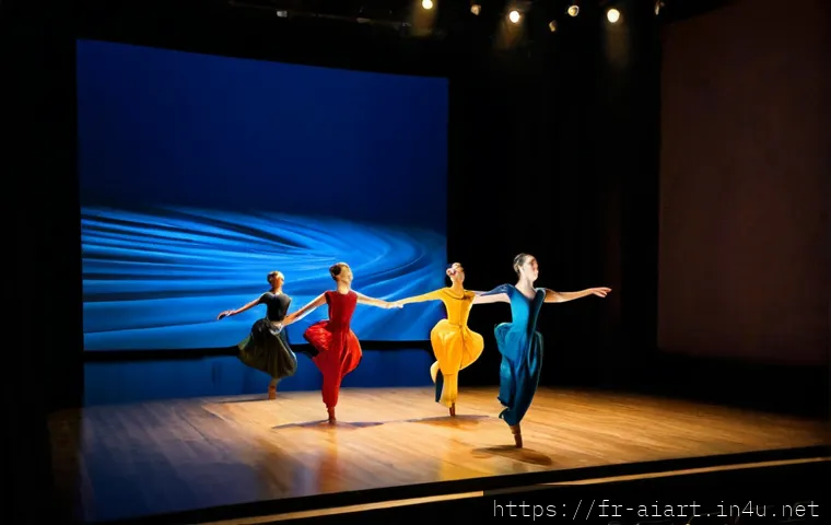 AI 예술과 공연예술 - Photorealistic contemporary theatre in Paris, a diverse French dance troupe rehearsing on a warm woo...
